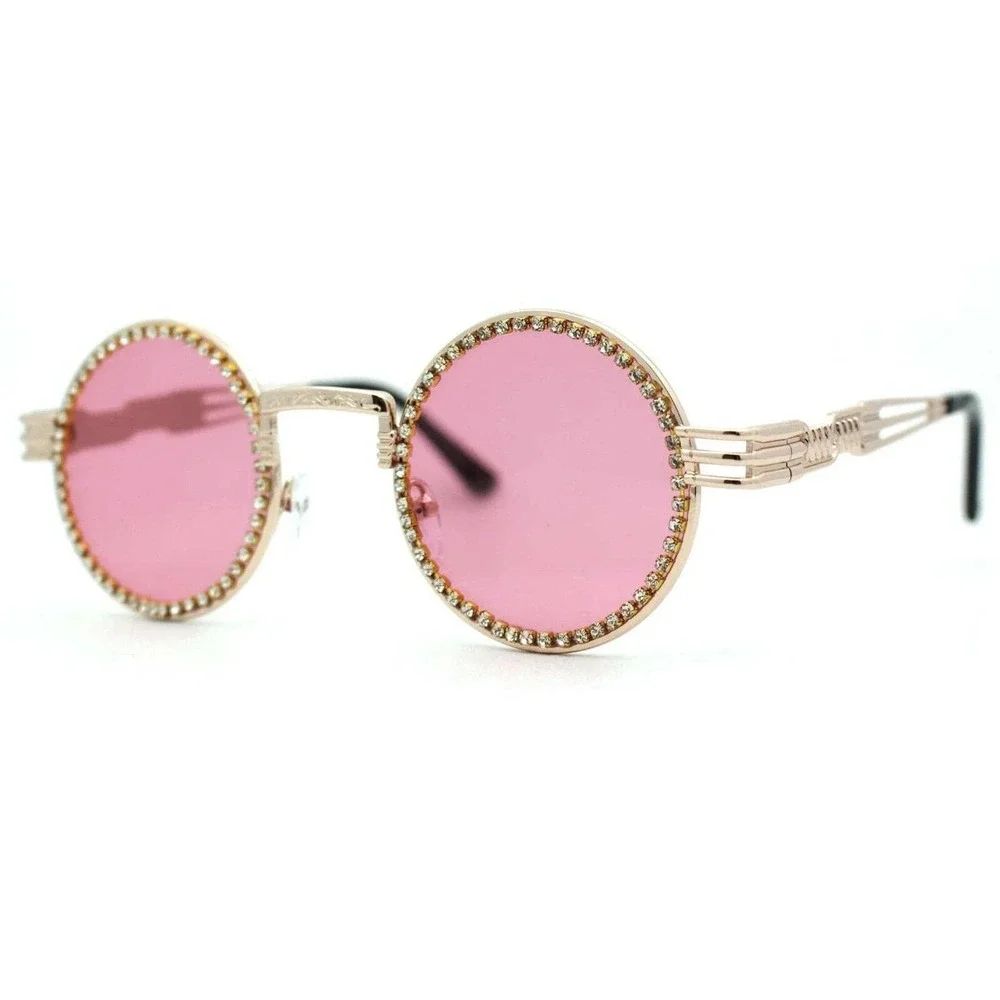 Rhinestone Sunglasses Round Pink Lens Gold Frame Fashion Statement Classic Retro